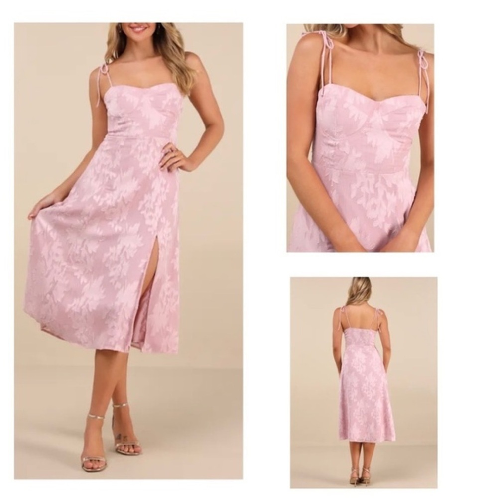 Lulus Loveliest Looks Blush Pink Floral Jacquard Tie-Strap Midi Dress - Picture 5 of 5